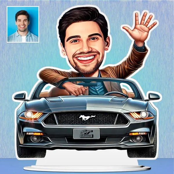 Man Riding a Ford Mustang Caricature